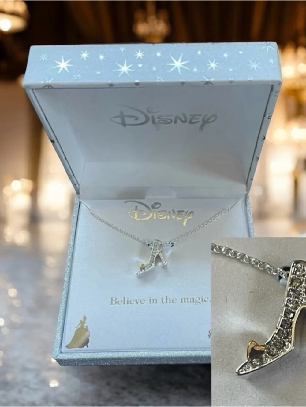 Disney Girls Silver Plated Cinderella Necklace, Genuine Crystal - NWT